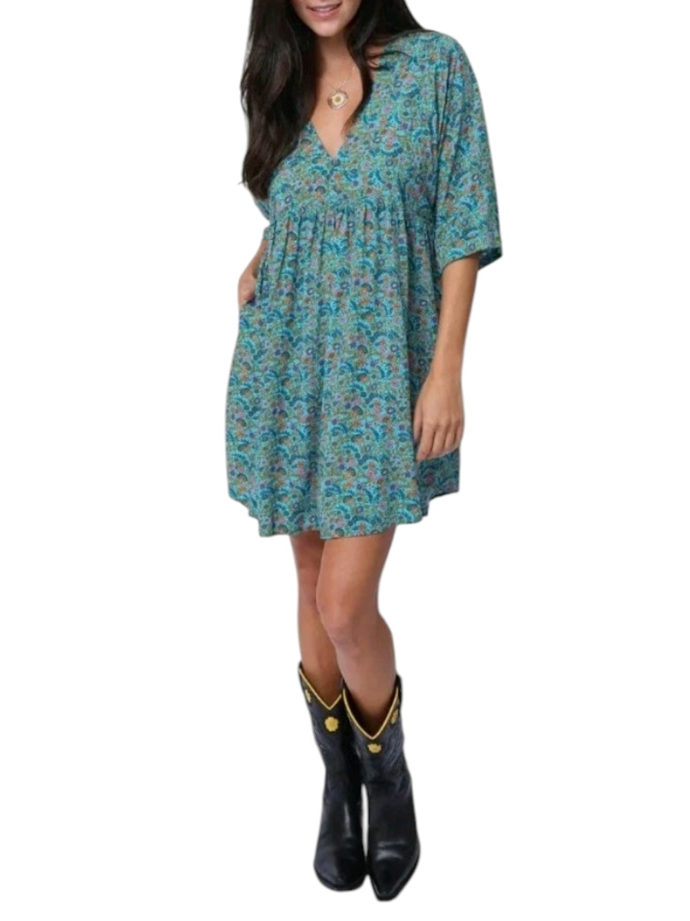 NATURAL LIFE Stella V-neck Floral Mini Dress Medium Turquoise Boho Relaxed Fit